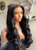 22" Natural Black Curtain Bangs Human blend Lace Front Wig
