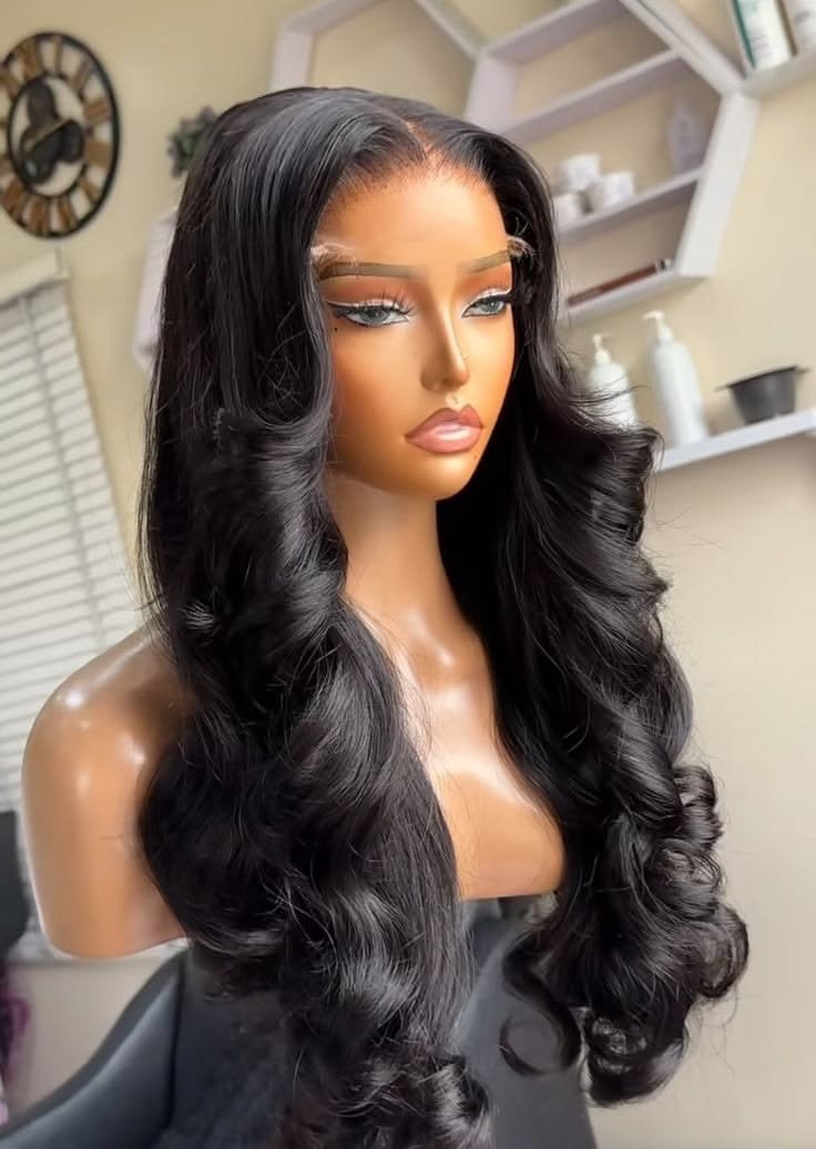 22" Natural Black Curtain Bangs Human blend Lace Front Wig